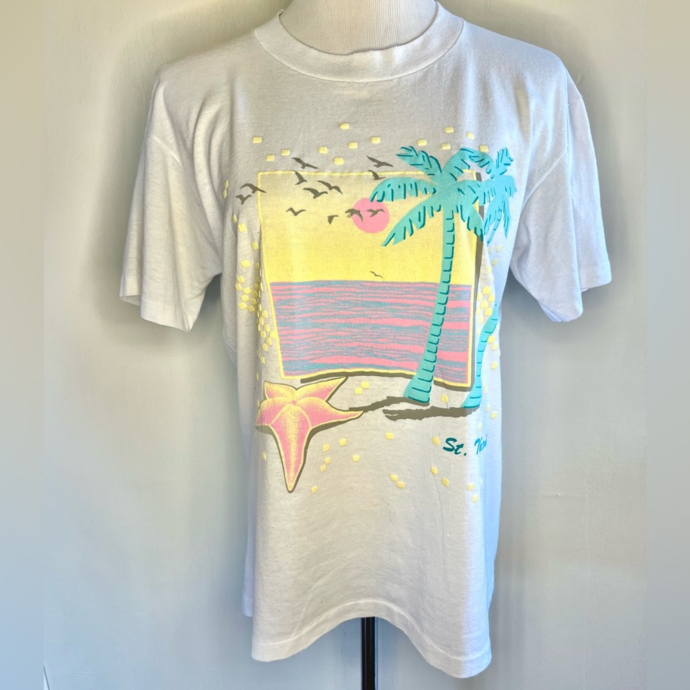 White Graphic T-Shirt with St Thomas Beach Scene